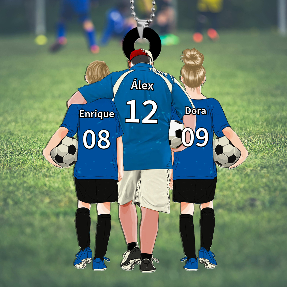 Llavero de acrílico fútbol papá y niños 3 nombres y ropas personalizados | Jessemade