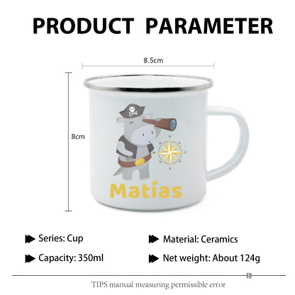 Vuelta al cole-Taza para niños "hipopótamo pirata" con 1 nombre personalizado