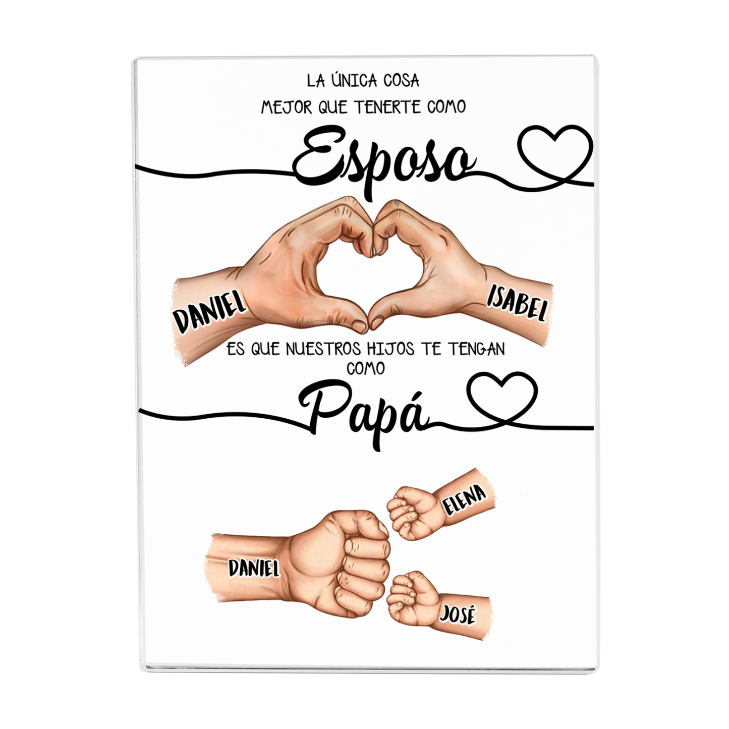 Placa acrílica familiar personalizada con corazón y puño para papá