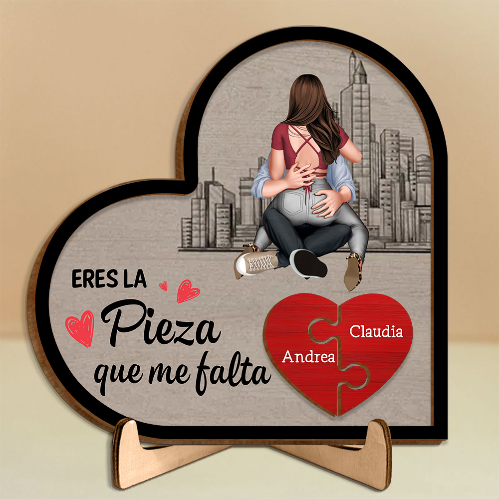 Placa de rompecabezas de madera con forma de corazón con soporte para parejas, "Eres la pieza que me falta"