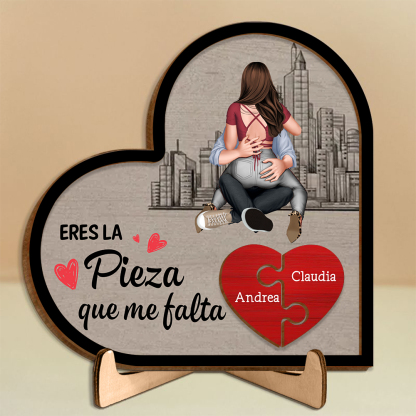 Placa de rompecabezas de madera con forma de corazón con soporte para parejas, "Eres la pieza que me falta"