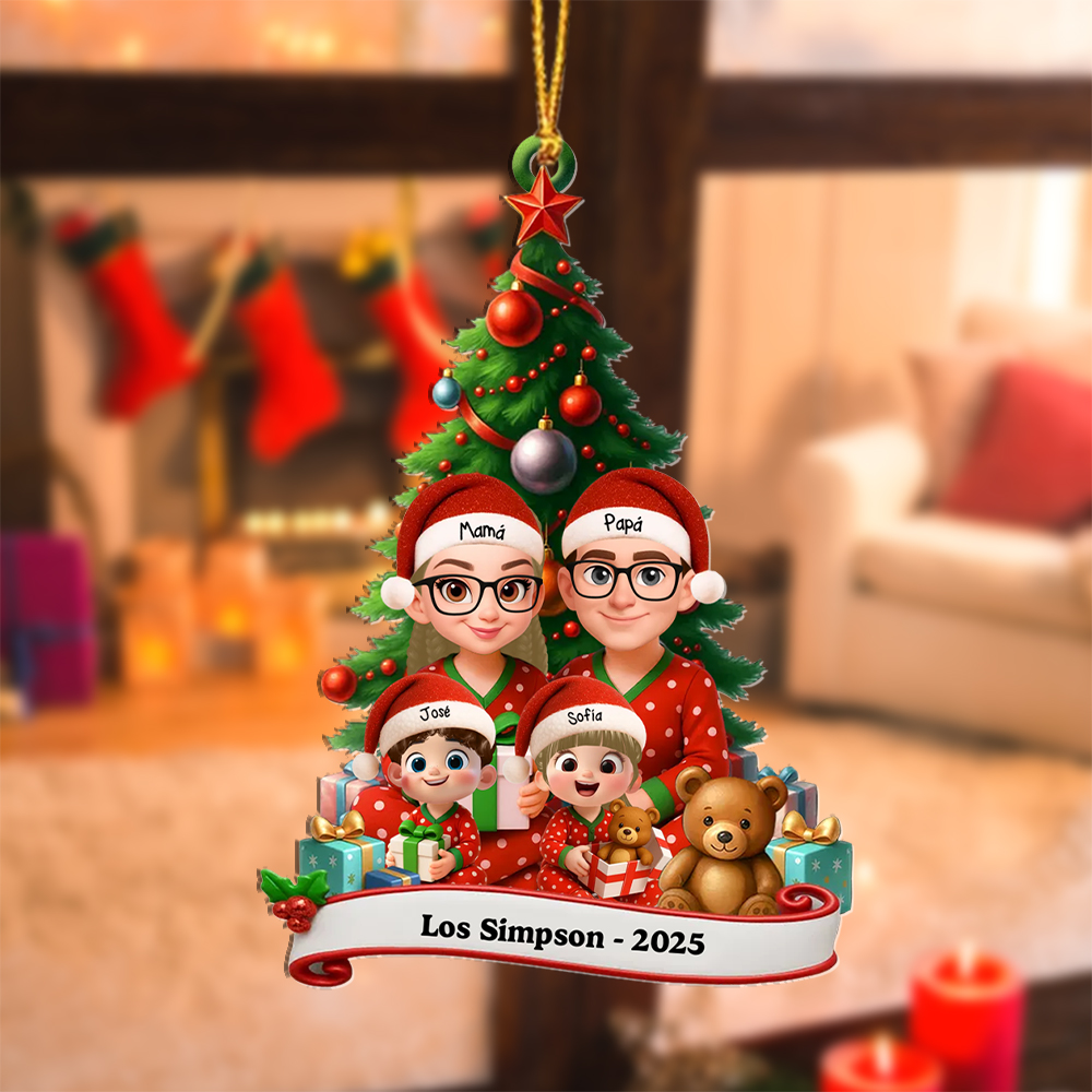Adorno para árbol de Navidad personalizado - familia caricatura con pijamas navideños, nombres y año | Jessemade