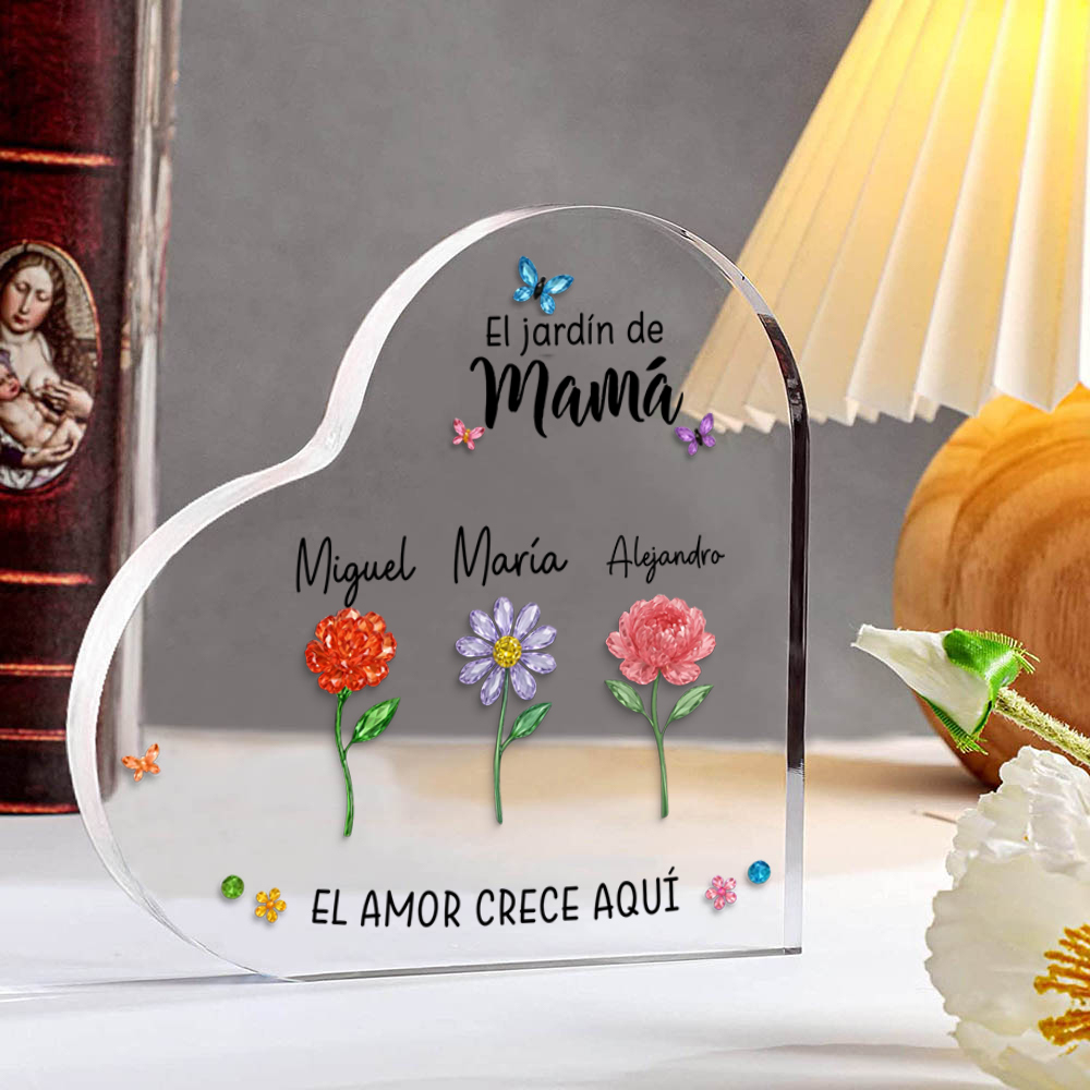 Placa acrílica personalizada familiar – El jardín de mamá o de la abuela con flores de nacimiento y nombres de los niños