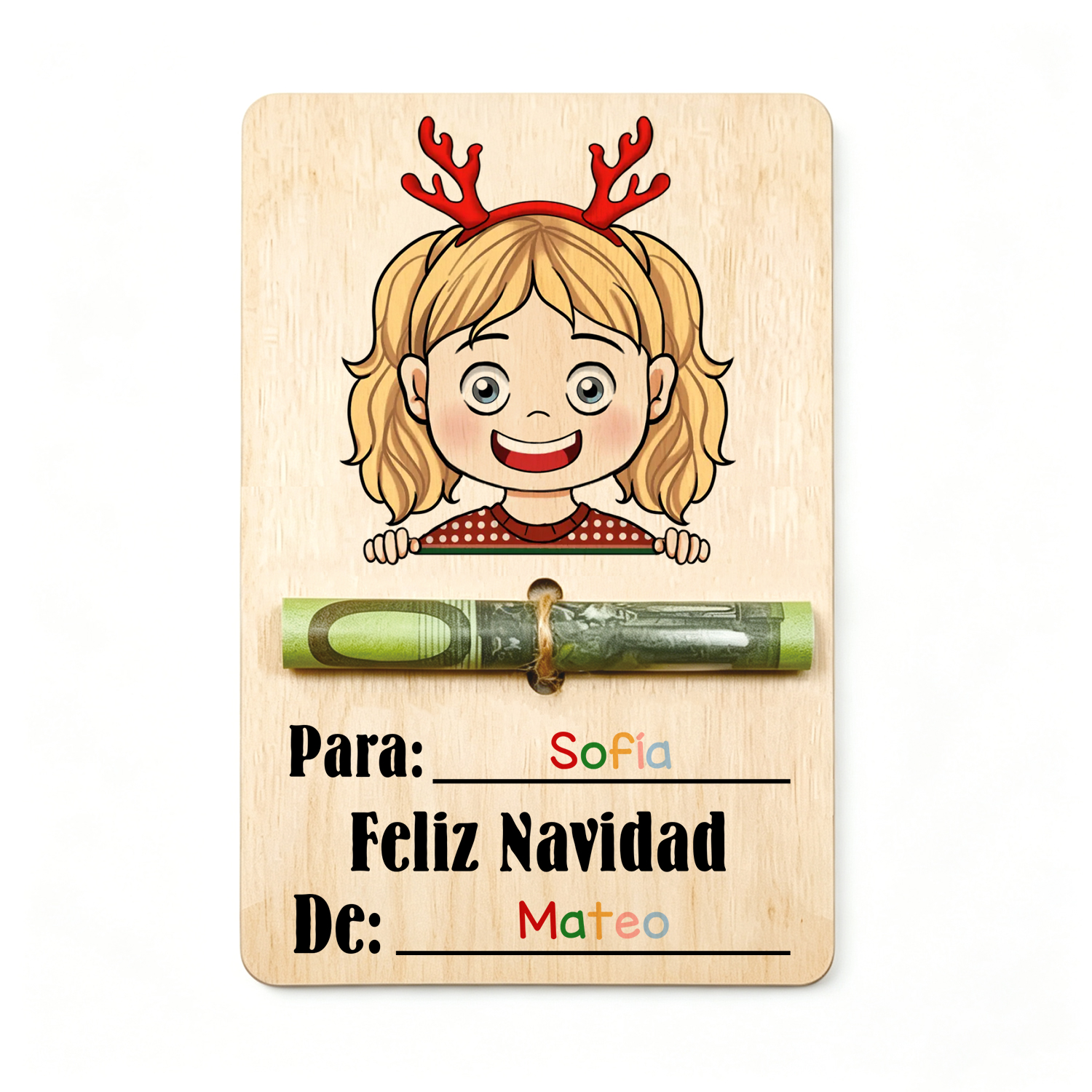 Tarjeta de madera personalizada para dinero de Navidad con 2 nombres – tarjeta regalo en efectivo para niño