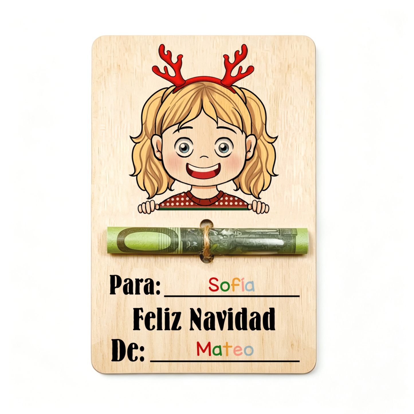 Tarjeta de madera personalizada para dinero de Navidad con 2 nombres – tarjeta regalo en efectivo para niño