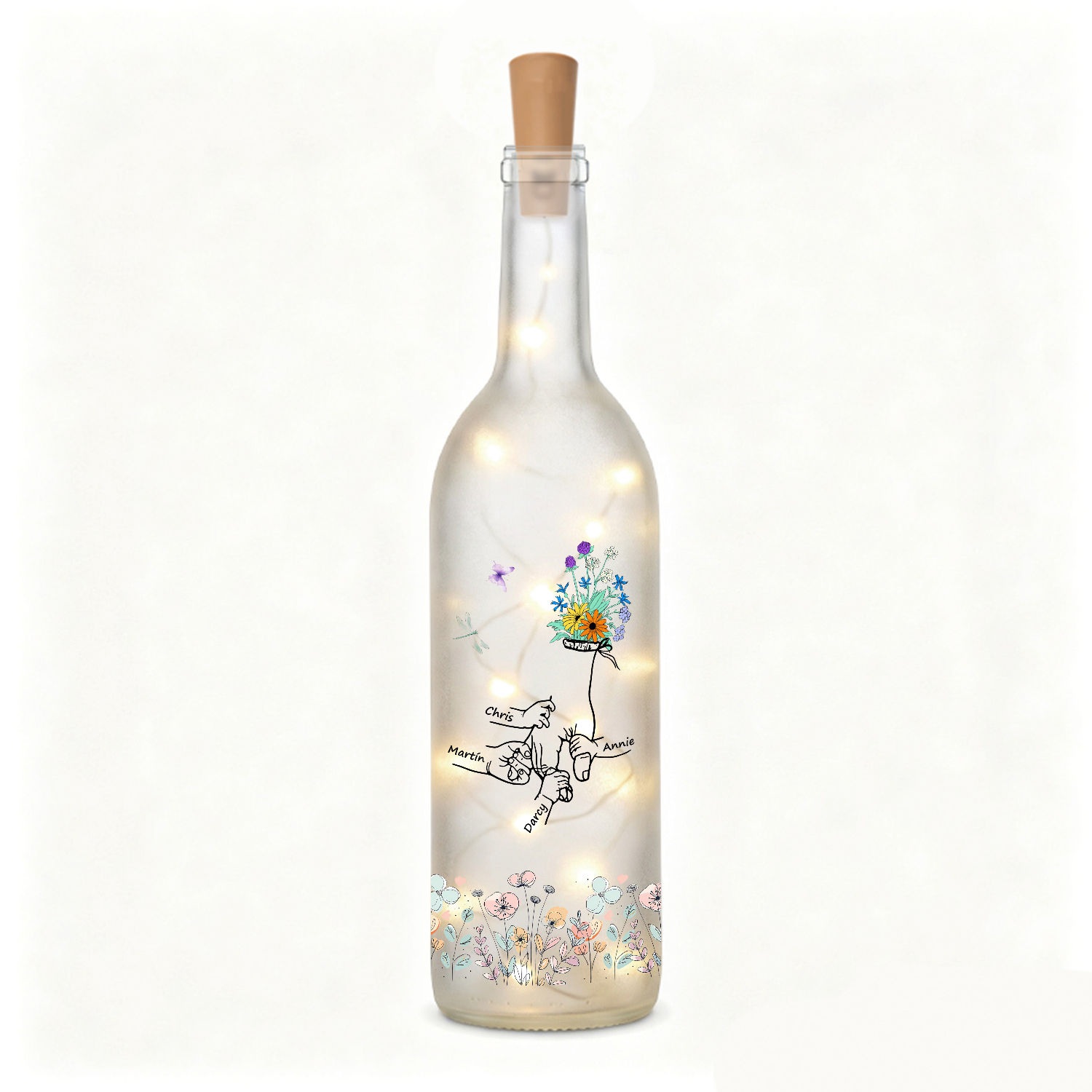 Botella de lámpara personalizada con 2–12 nombres a elegir y motivo familiar de manos y flores, regalo para mamá