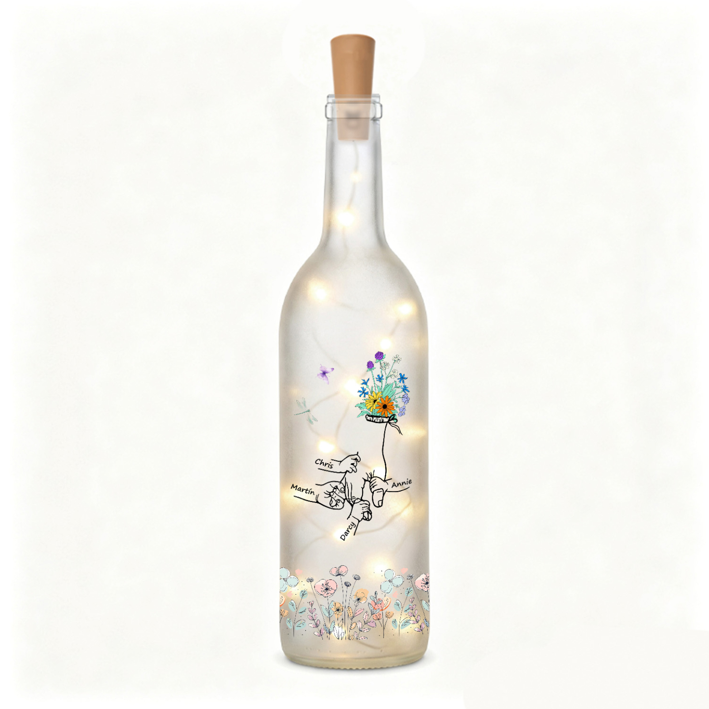 Botella de lámpara personalizada con 2–12 nombres a elegir y motivo familiar de manos y flores, regalo para mamá