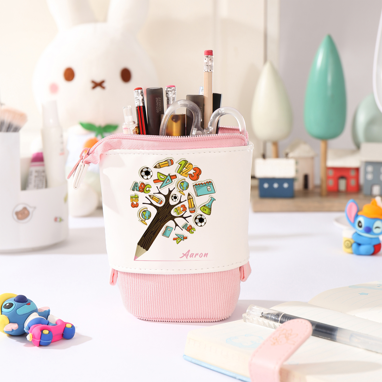 Estuche personalizado con nombre con diseños coloridos de árbol de ciencia para niños