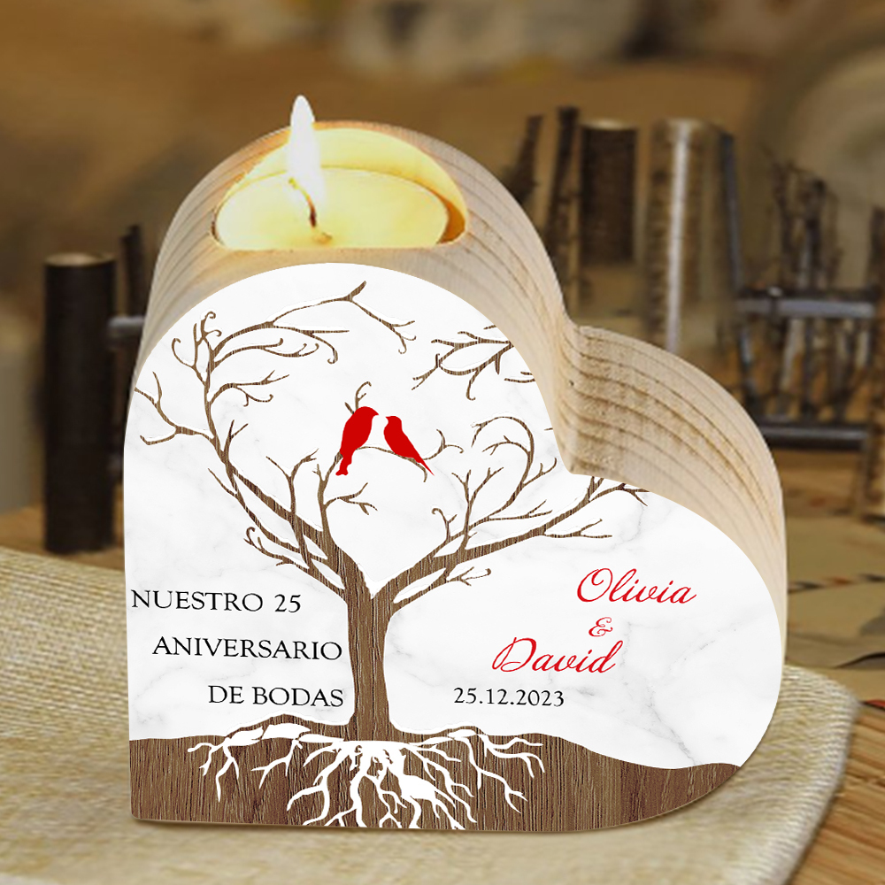 Aniversario de boda-Candelero de madera para pareja con pájaros de amor sin vela personalizado con nombres, fecha y número-Jessemade ES