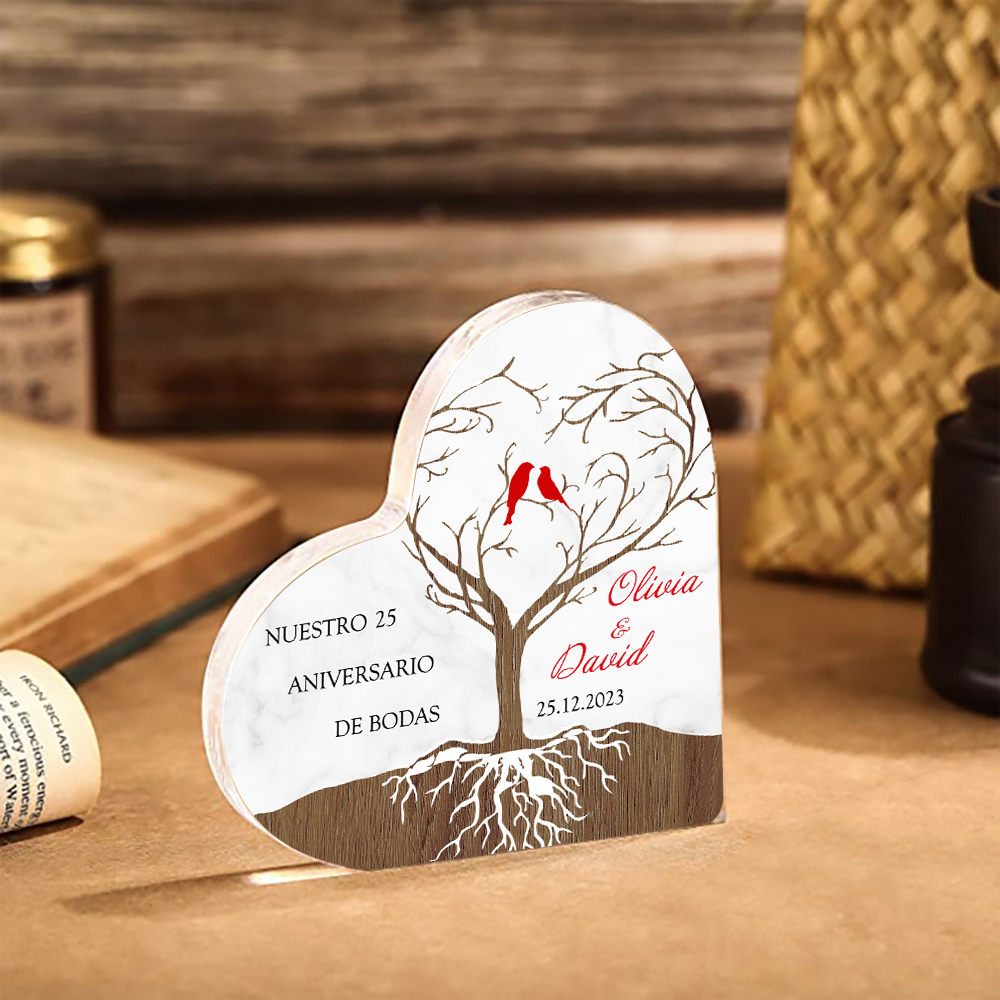 Navidad-Placa de acrílico en forma de corazón aniversario de bodas con número, fecha y nombres personalizados-Jessemade ES