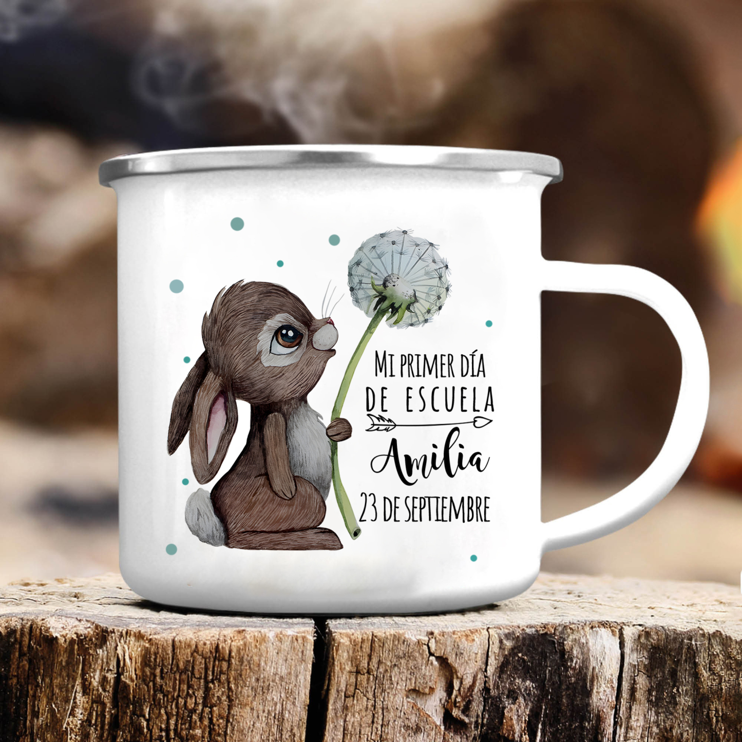 Vuelta al cole-Taza para niños "conejita" con 1 nombre y fecha personalizados