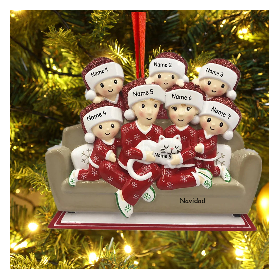 Muñecos Ornamentos Navideños Familia con Gato 8 Nombres con Texto Personalizados Adorno de Madera