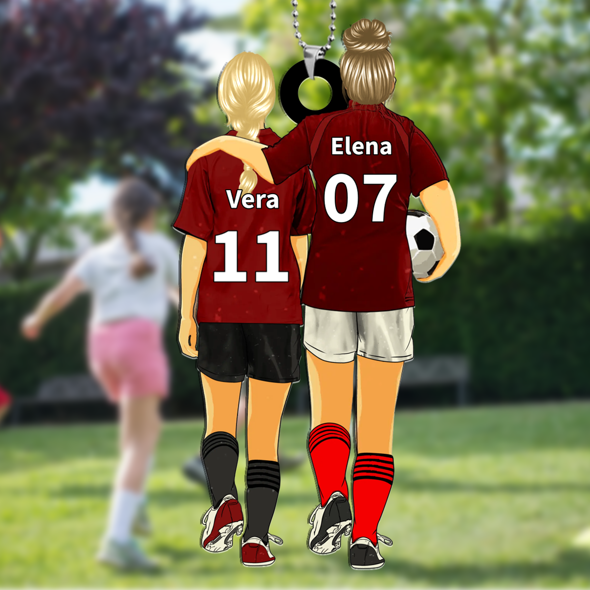 Llavero de acrílico mamá e hijo/hija fútbol con 2 nombres, números y ropas personalizados | Jessemade