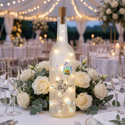 Botella de lámpara personalizada con 2–12 nombres a elegir y motivo familiar de manos y flores, regalo para mamá