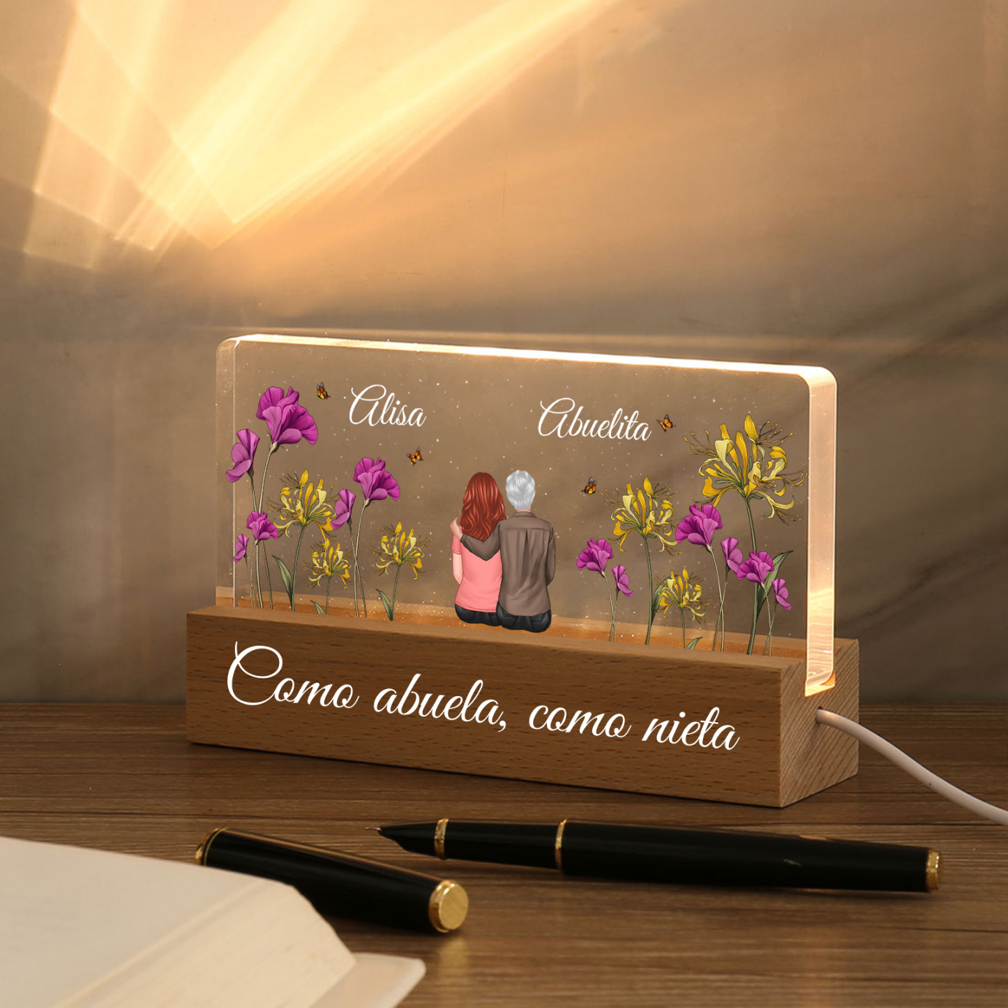 Lámpara Personalizada de Acrílico y Madera para Abuela o Mamá | Con Nombres y Texto | Jessemade ES