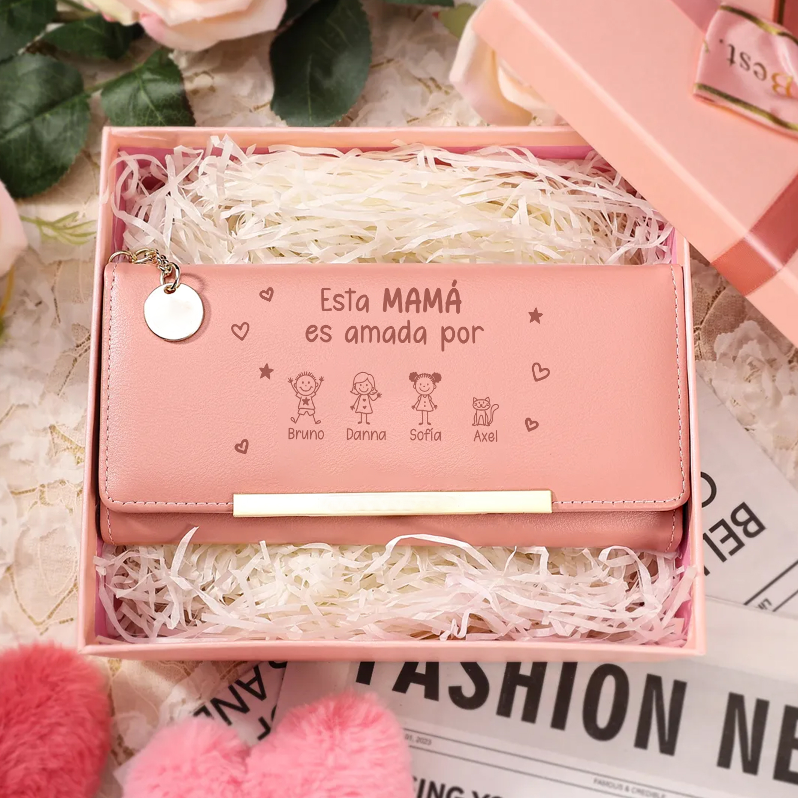 Cartera personalizada rosa de polipiel para mamá con niños