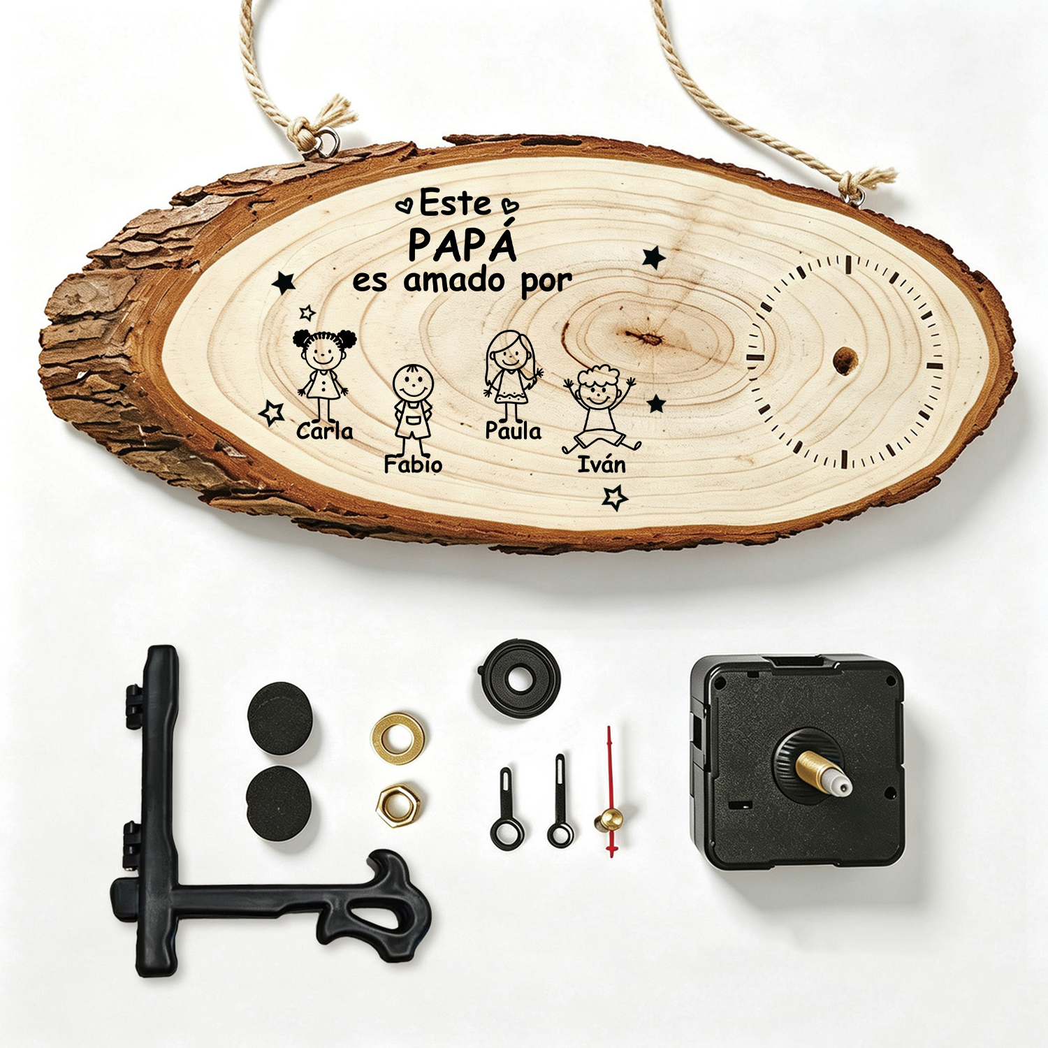 Reloj Personalizado de Madera con 1-10 Nombres y Figuras Infantiles, Regalo para Papá o Abuelo