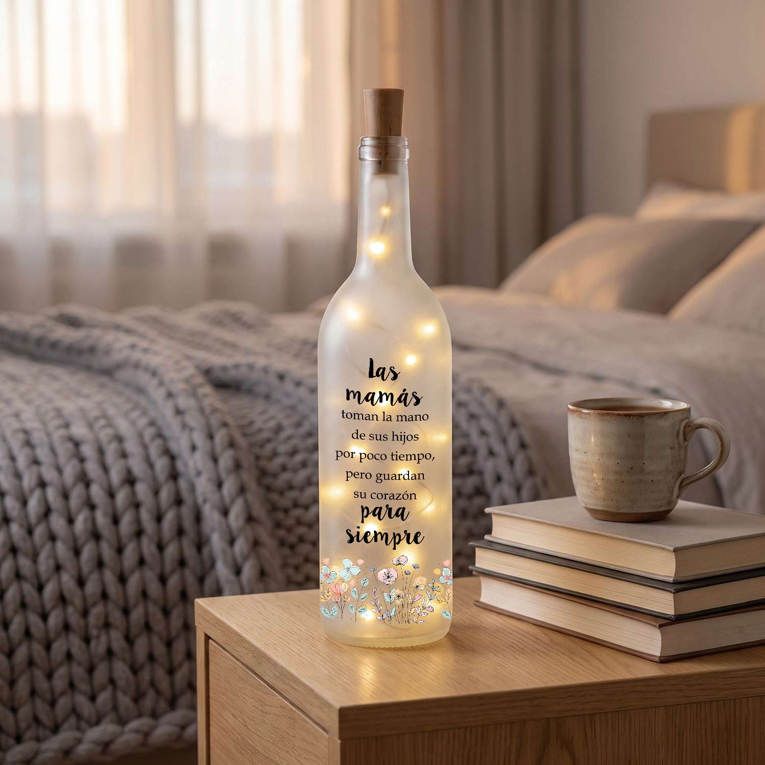 Botella de lámpara personalizada con 2–12 nombres a elegir y motivo familiar de manos y flores, regalo para mamá