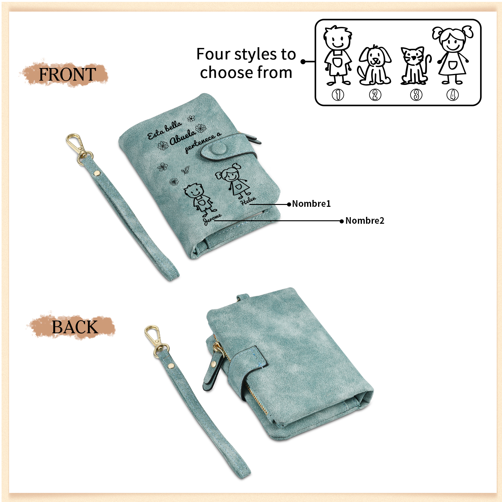 A mi abuela-Cartera, billetera con dibujos seleccionados 2 nombres personalizados monedero clásico para mujer | Jessemade