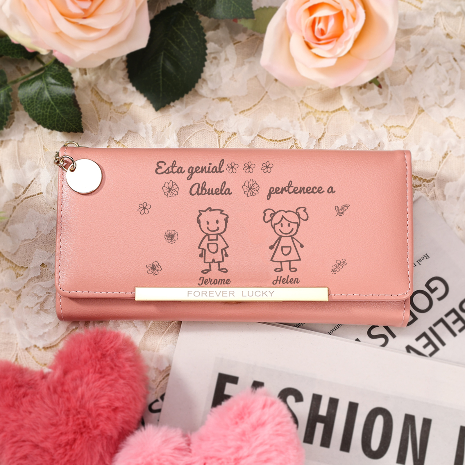 Cartera para Abuela Personalizada con 2 Nombres y Dibujos | Azul o Rosa | Jessemade ES