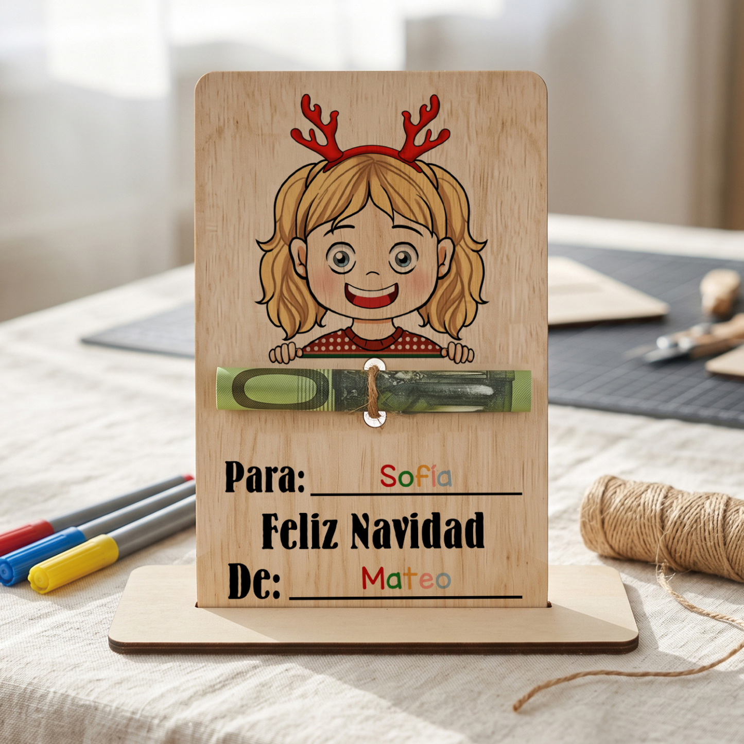 Tarjeta de madera personalizada para dinero de Navidad con 2 nombres – tarjeta regalo en efectivo para niño