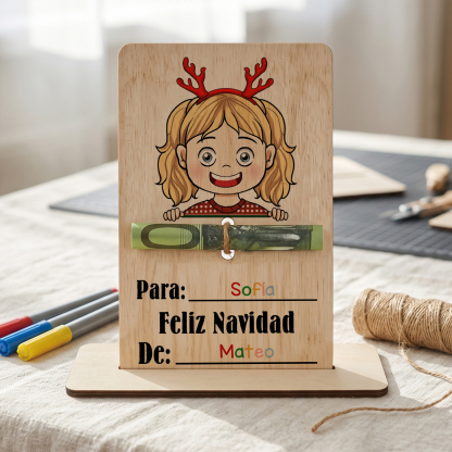 Tarjeta de madera personalizada para dinero de Navidad con 2 nombres – tarjeta regalo en efectivo para niño