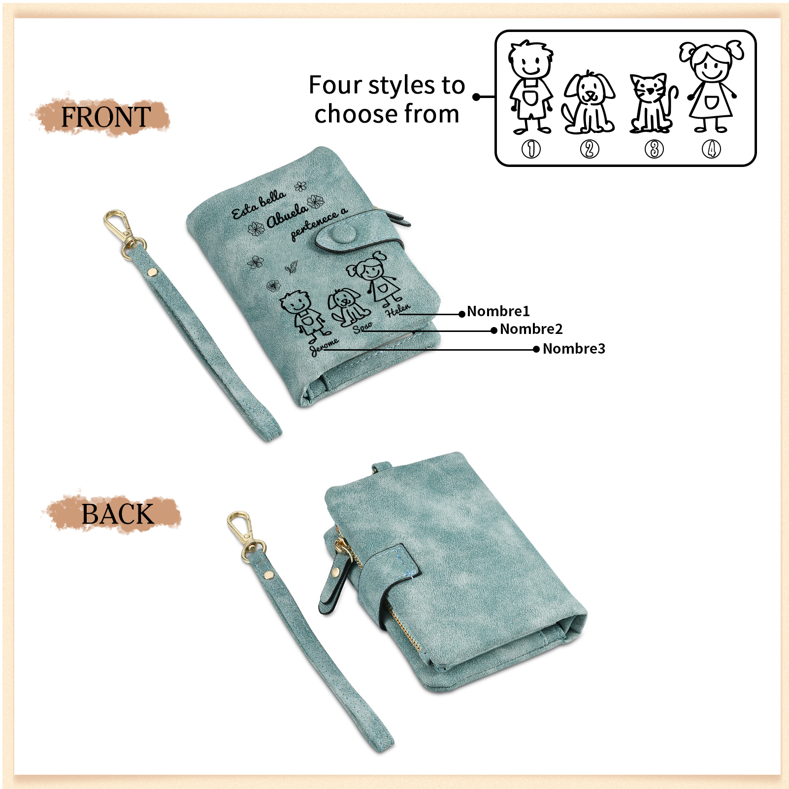 A mi abuela-Cartera, billetera con dibujos seleccionados 3 nombres personalizados monedero clásico para mujer | Jessemade