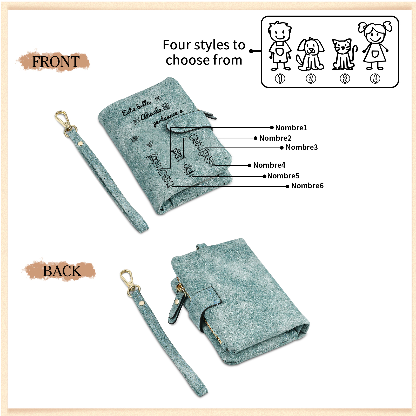 A mi abuela-Cartera, billetera con dibujos seleccionados 6 nombres personalizados monedero clásico para mujer | Jessemade
