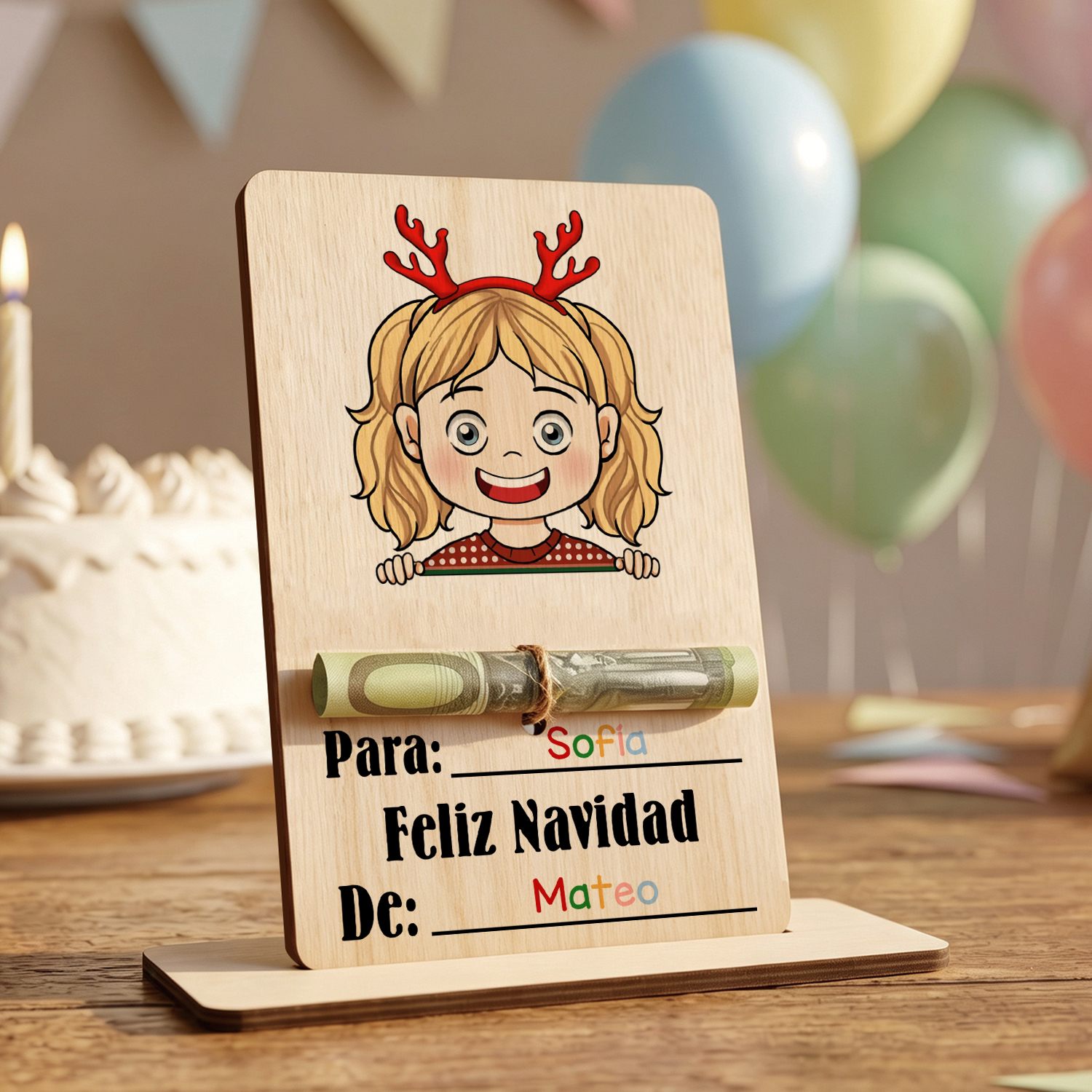 Tarjeta de madera personalizada para dinero de Navidad con 2 nombres – tarjeta regalo en efectivo para niño