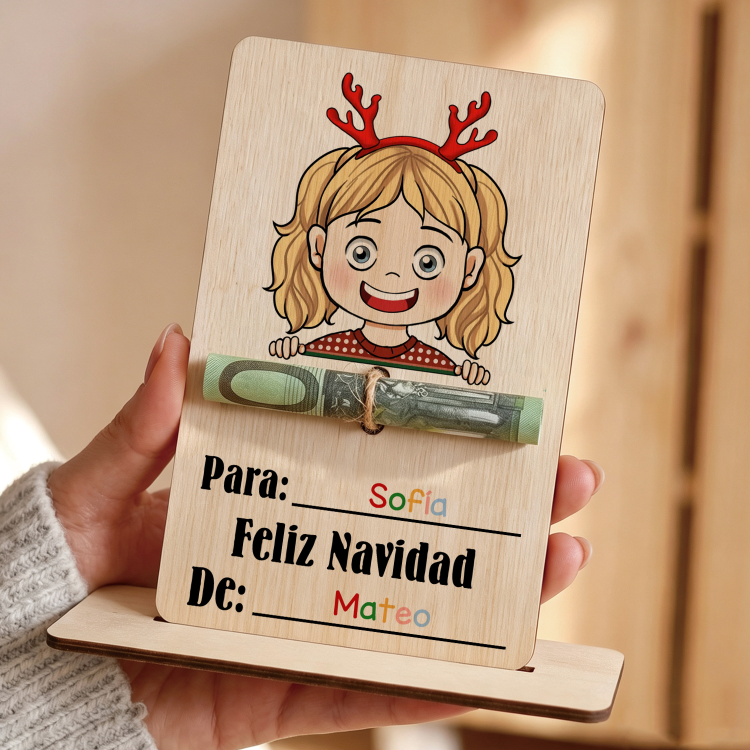 Tarjeta regalo de madera personalizada con billete para niña en Navidad | Jessemade