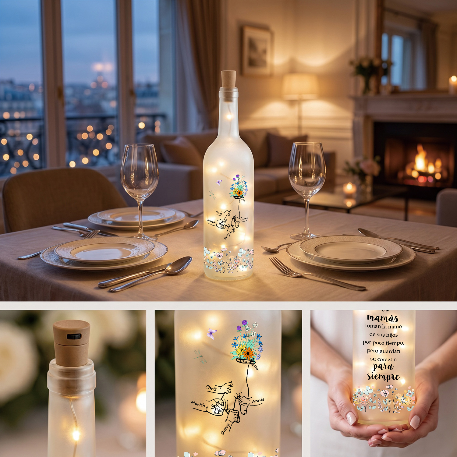 Botella de lámpara personalizada con 2–12 nombres a elegir y motivo familiar de manos y flores, regalo para mamá