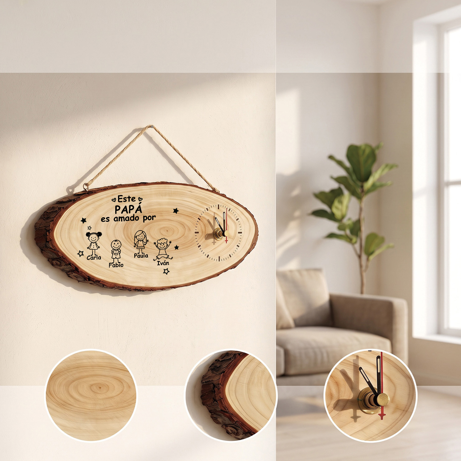 Reloj Personalizado de Madera con 1-10 Nombres y Figuras Infantiles, Regalo para Papá o Abuelo