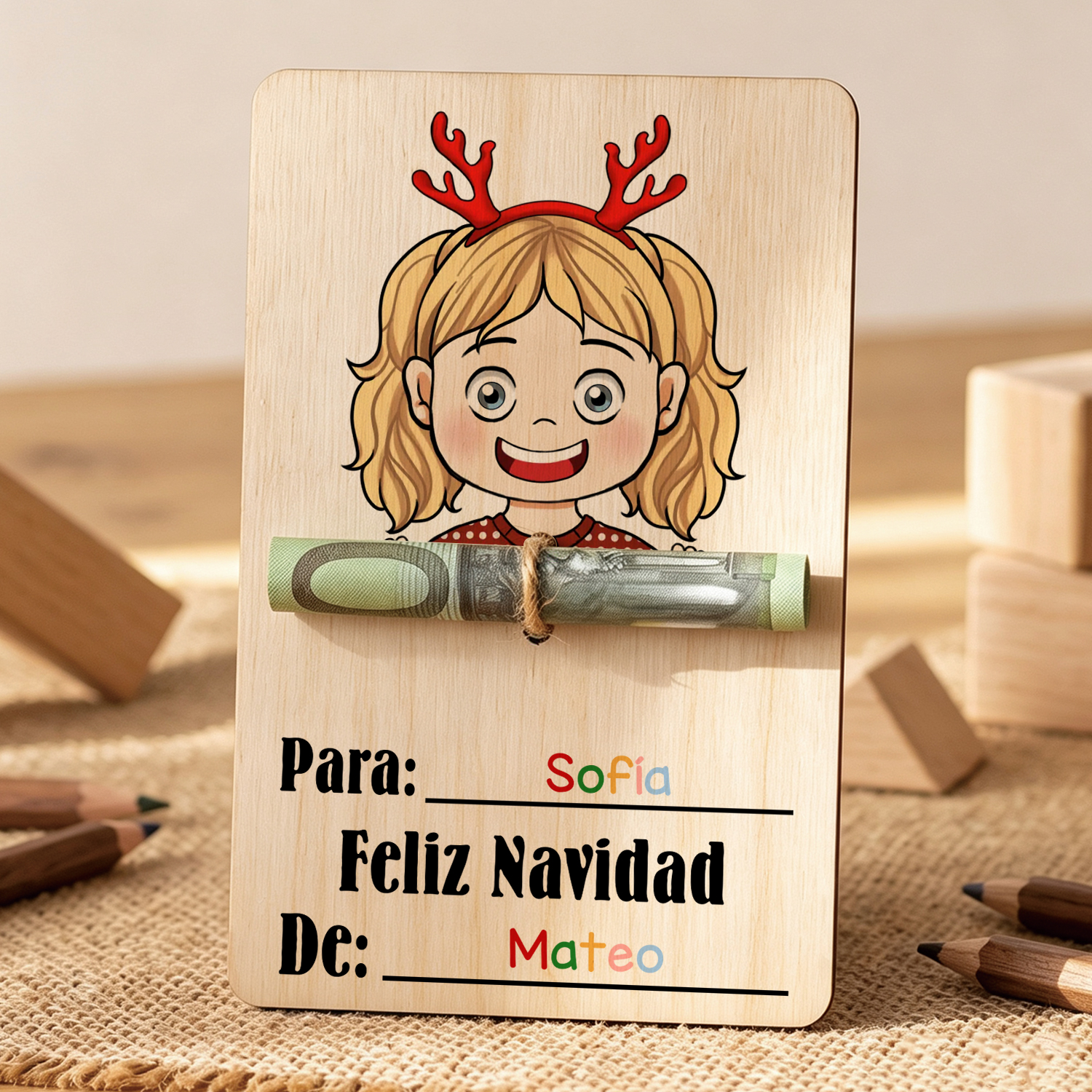 Tarjeta de madera personalizada para dinero de Navidad con 2 nombres – tarjeta regalo en efectivo para niño