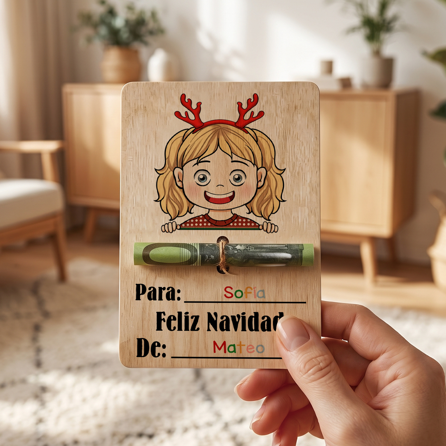 Tarjeta de madera personalizada para dinero de Navidad con 2 nombres – tarjeta regalo en efectivo para niño