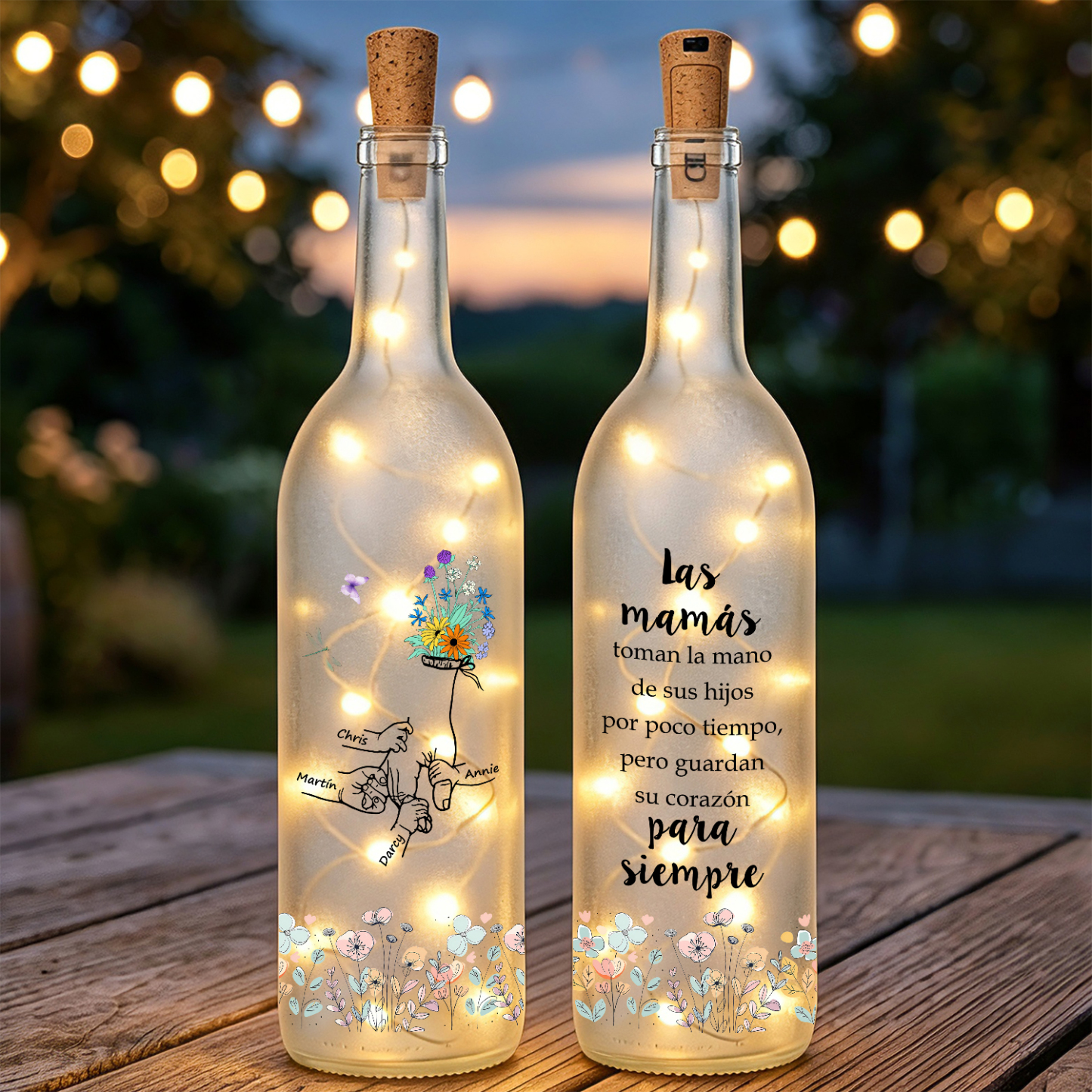 Lámpara LED de botella personalizada con 2–12 nombres a elegir y motivo familiar floral con manos, un regalo cariñoso para el Día de la Madre para mamá, la abuela o la esposa | Jessemade