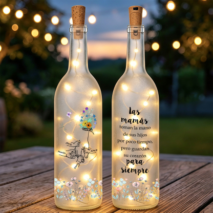 Lámpara LED de botella personalizada con 2–12 nombres a elegir y motivo familiar floral con manos, un regalo cariñoso para el Día de la Madre para mamá, la abuela o la esposa | Jessemade