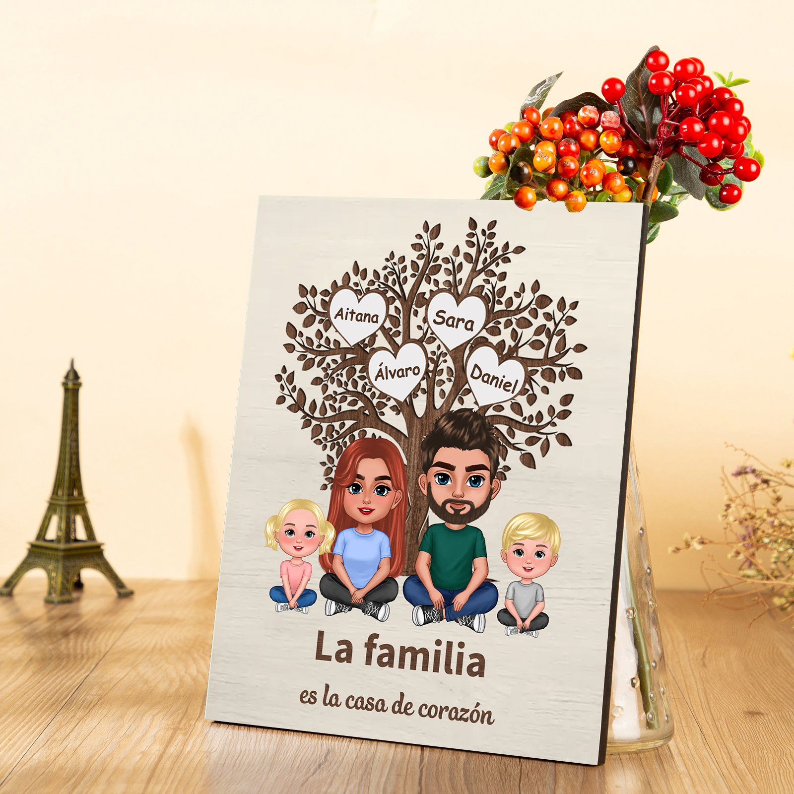 A familia - Lámina árbol de vida 2-7 nombres y apariencias personalizados con 2 textos marco de madera | Jessemade