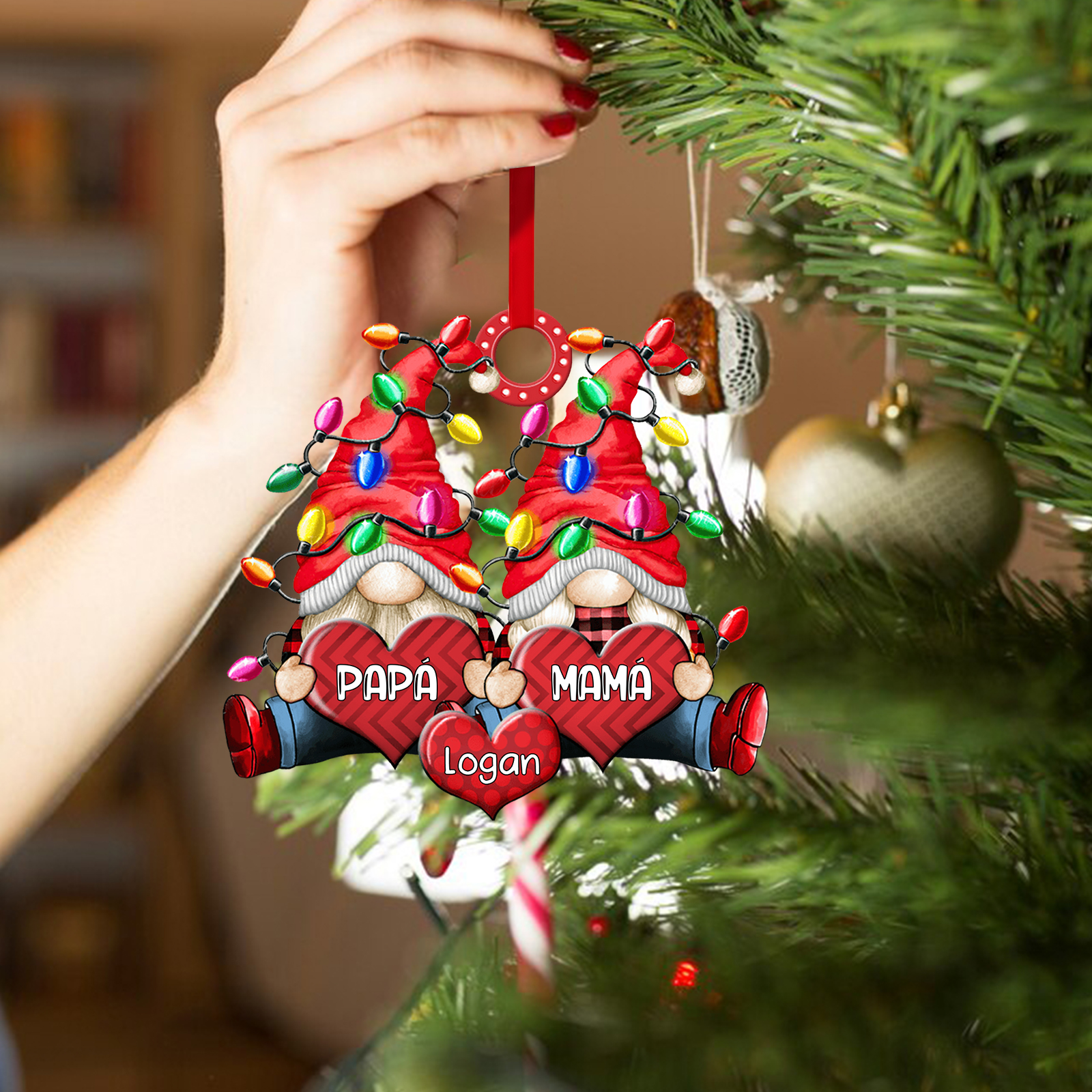 Navidad-Ornamento de duendes y corazones de madera para familia 3 nombres personalizados | Jessemade