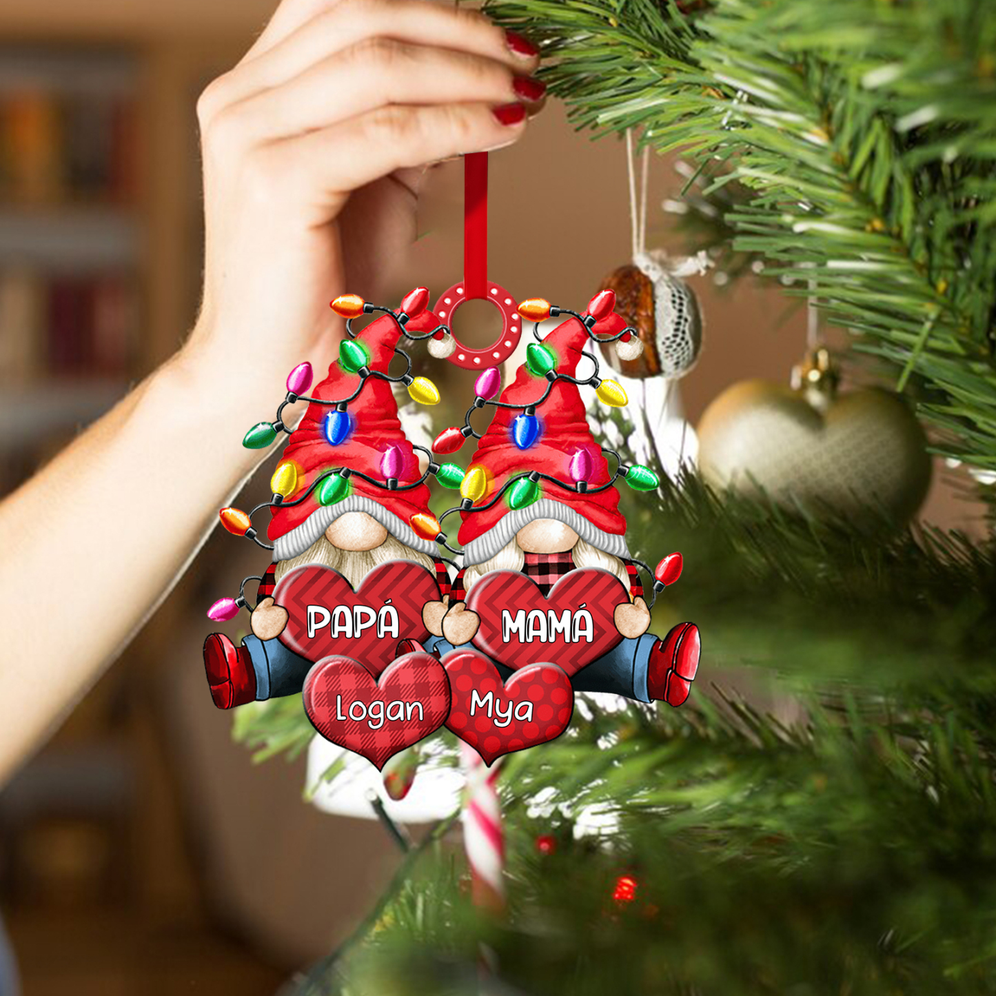 Navidad-Ornamento de duendes y corazones de madera para familia 4 nombres personalizados | Jessemade