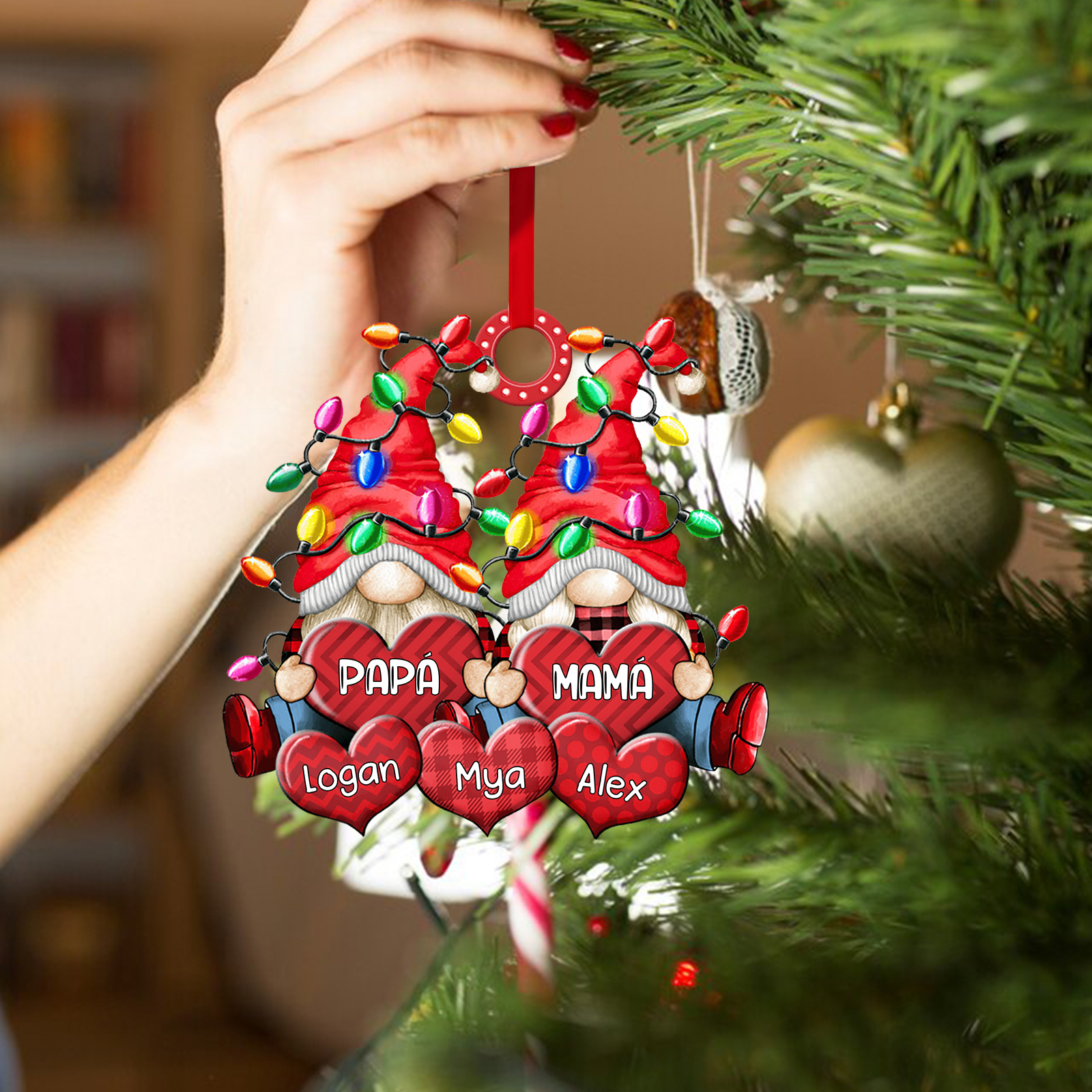 Navidad-Ornamento de duendes y corazones de madera para familia 5 nombres personalizados | Jessemade