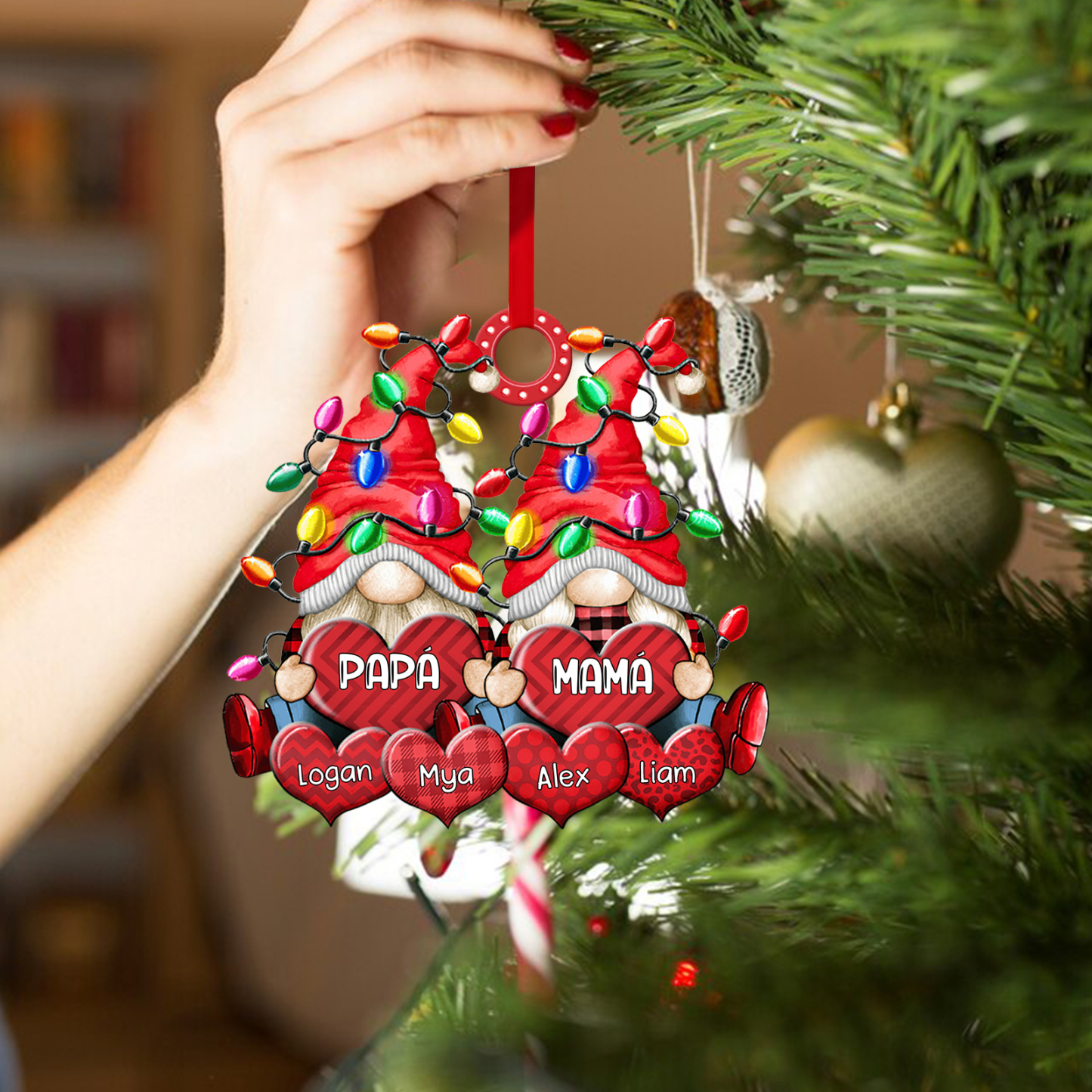 Navidad-Ornamento de duendes y corazones de madera para familia 6 nombres personalizados | Jessemade