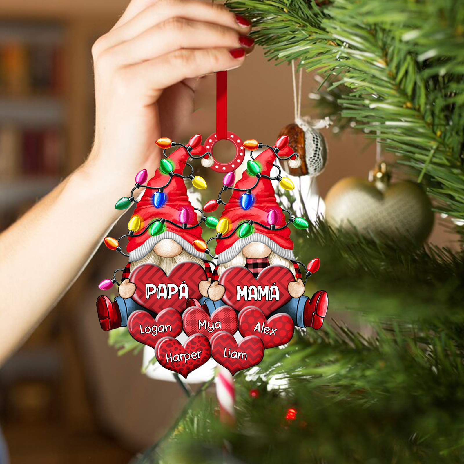 Navidad-Ornamento de duendes y corazones de madera para familia 7 nombres personalizados | Jessemade