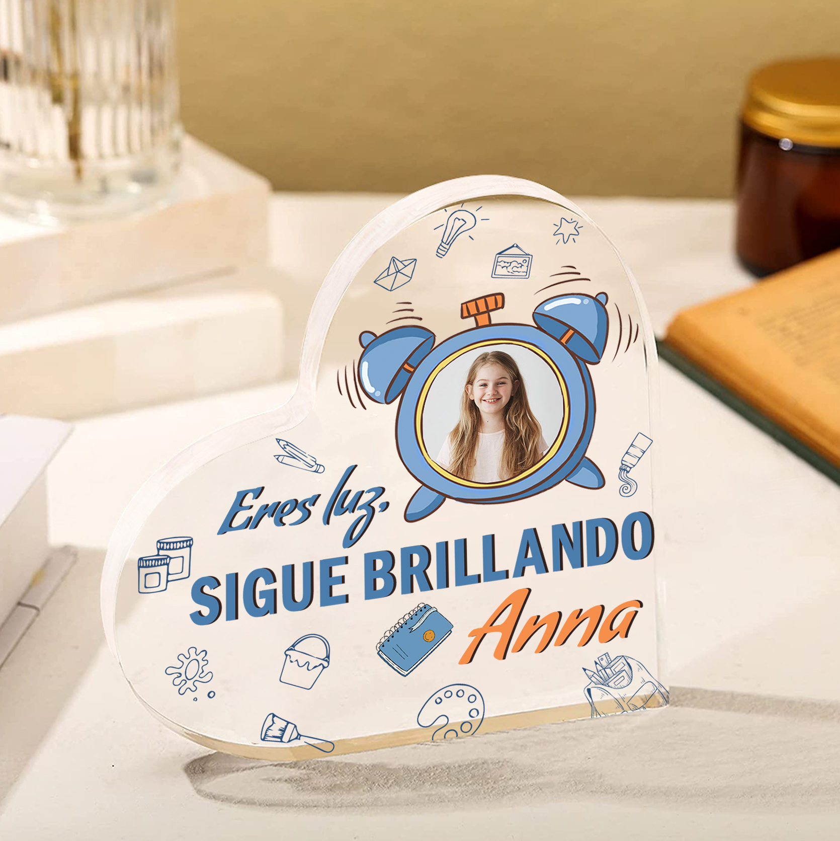 Vuelta al cole-Placa de acrílico en forma de corazón con nombre y foto personalizados