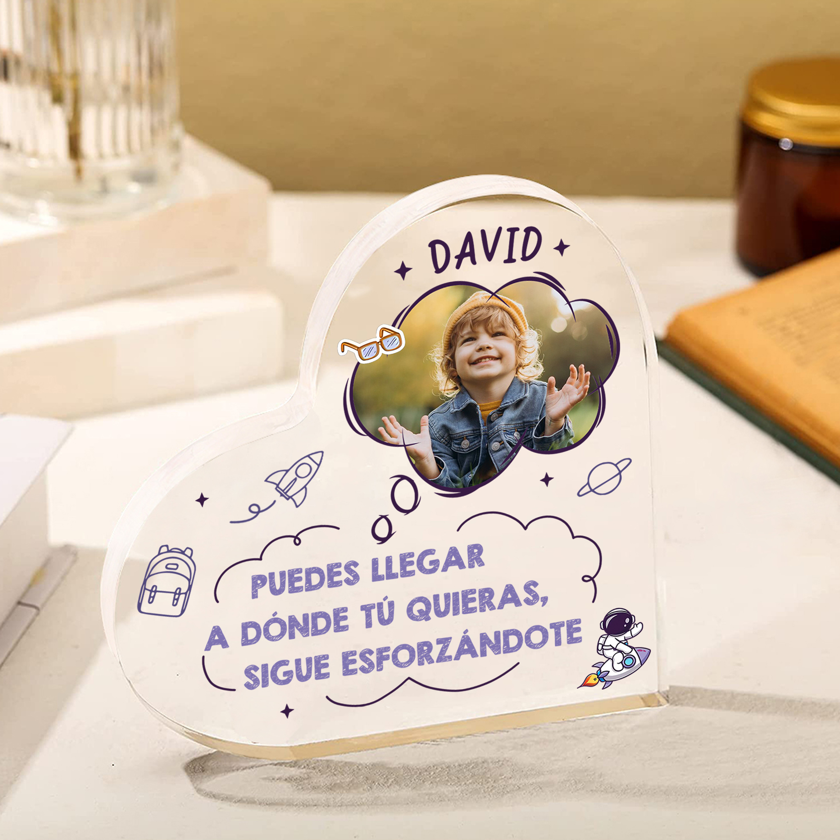 Vuelta al cole-Placa de acrílico en forma de corazón con nombre y foto personalizados