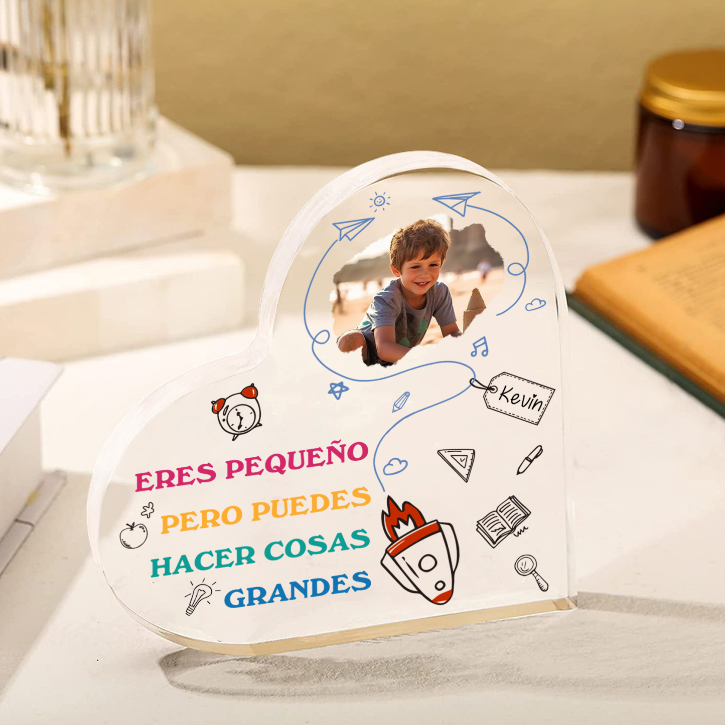 Vuelta al cole-Placa de acrílico en forma de corazón con nombre y foto personalizados
