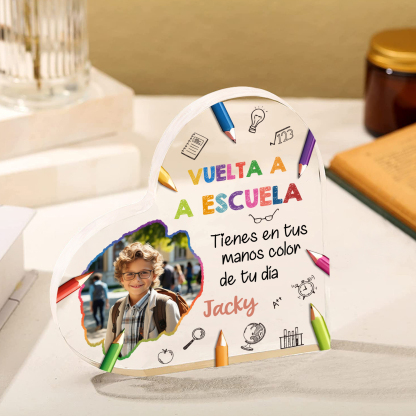 Vuelta al cole-Placa de acrílico en forma de corazón con nombre y foto personalizados