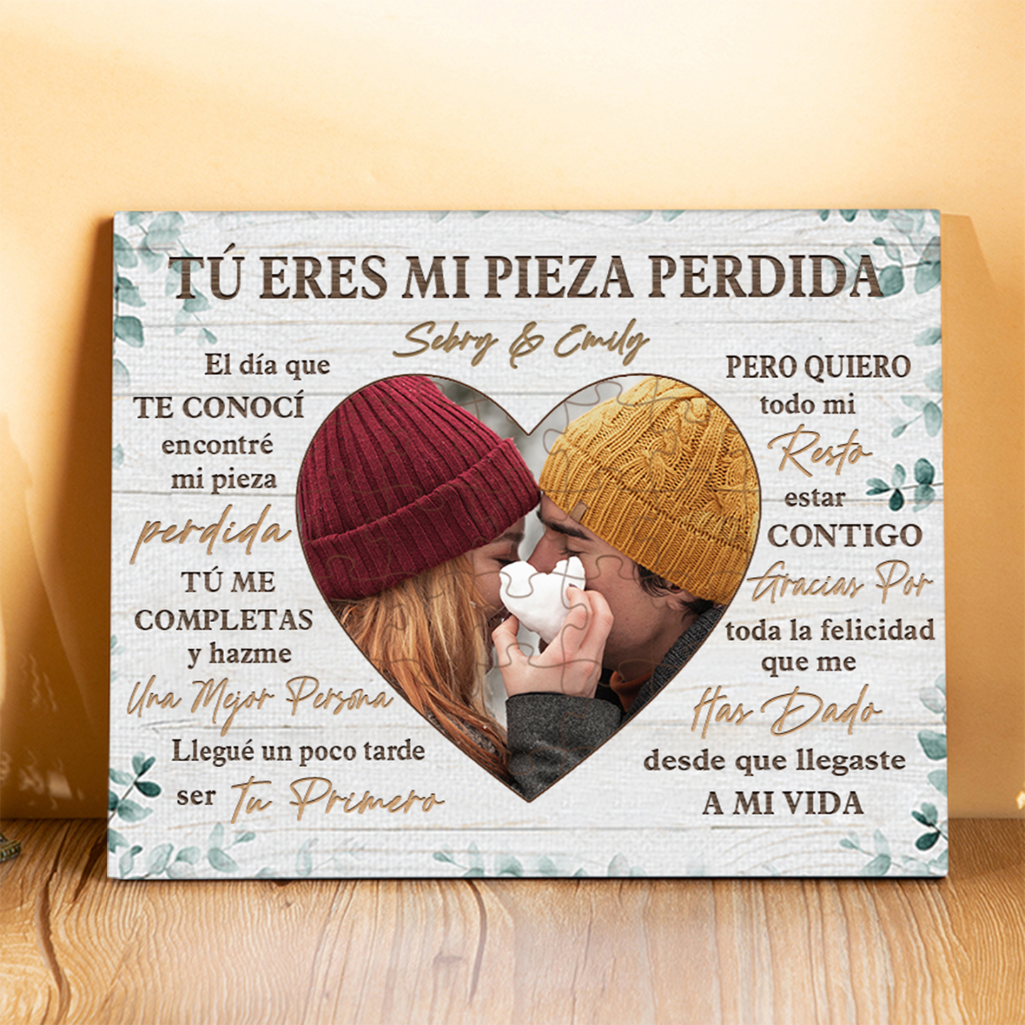 Lámina corazón y rompecabezas marco de madera para pareja personalizado con texto y foto | Jessemade