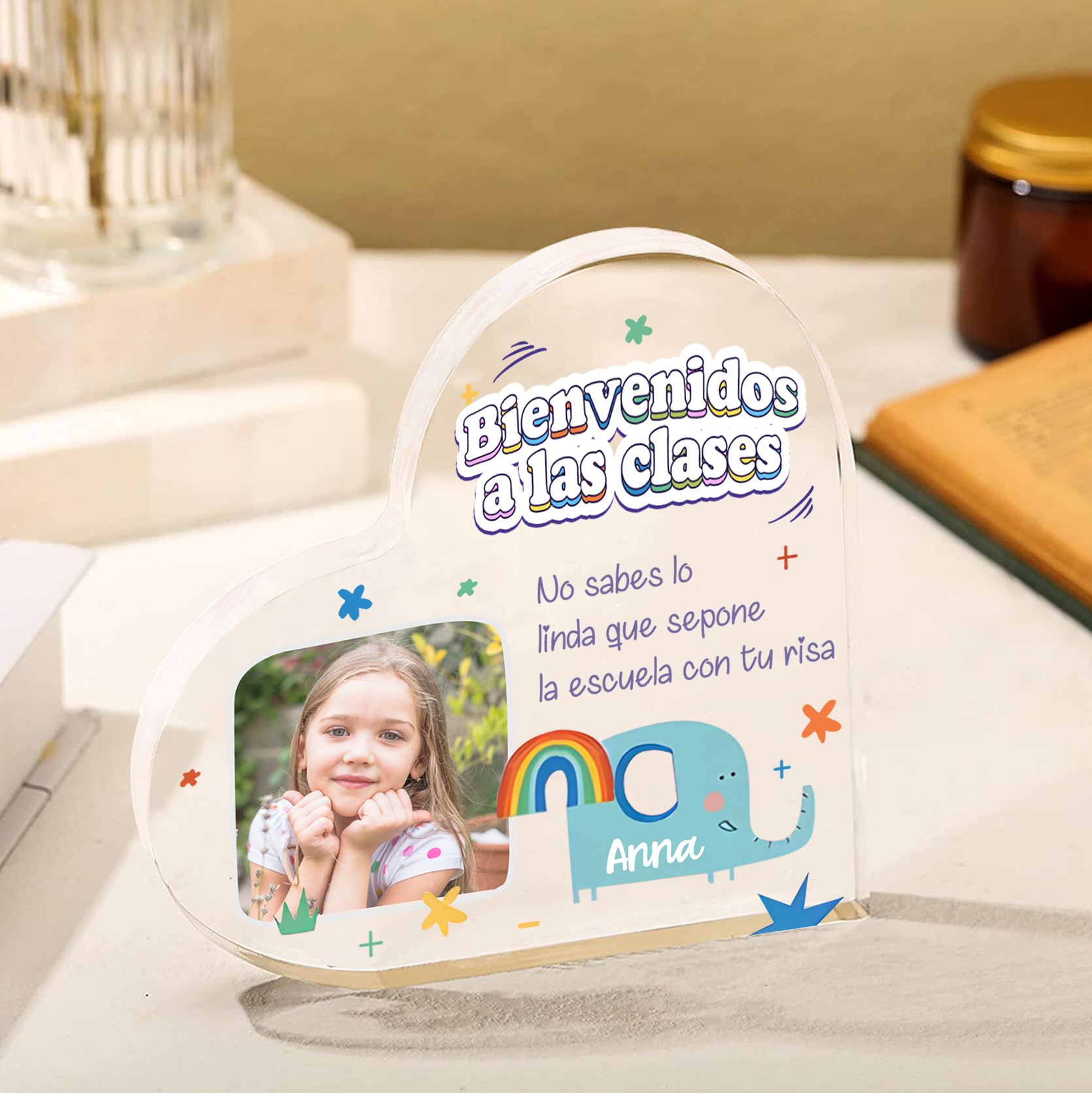 [Copy]Vuelta al cole-Placa de acrílico en forma de corazón con nombre y foto personalizados