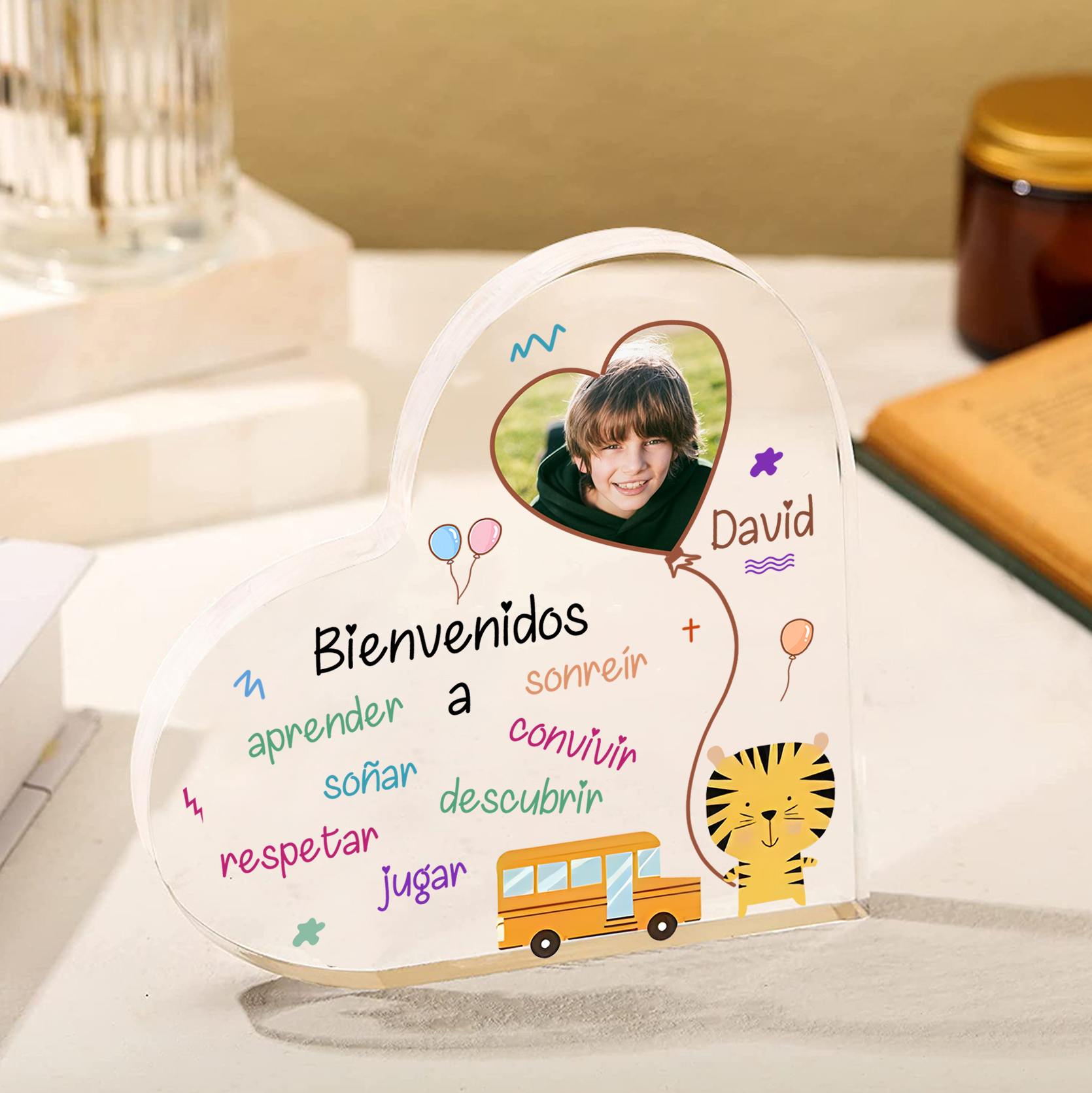 [Copy]Vuelta al cole-Placa de acrílico en forma de corazón con nombre y foto personalizados