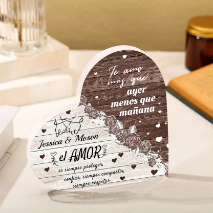 Placa de acrílico en forma de corazón de pareja con frase de amor con 2 nombres personalizados | Jessemade